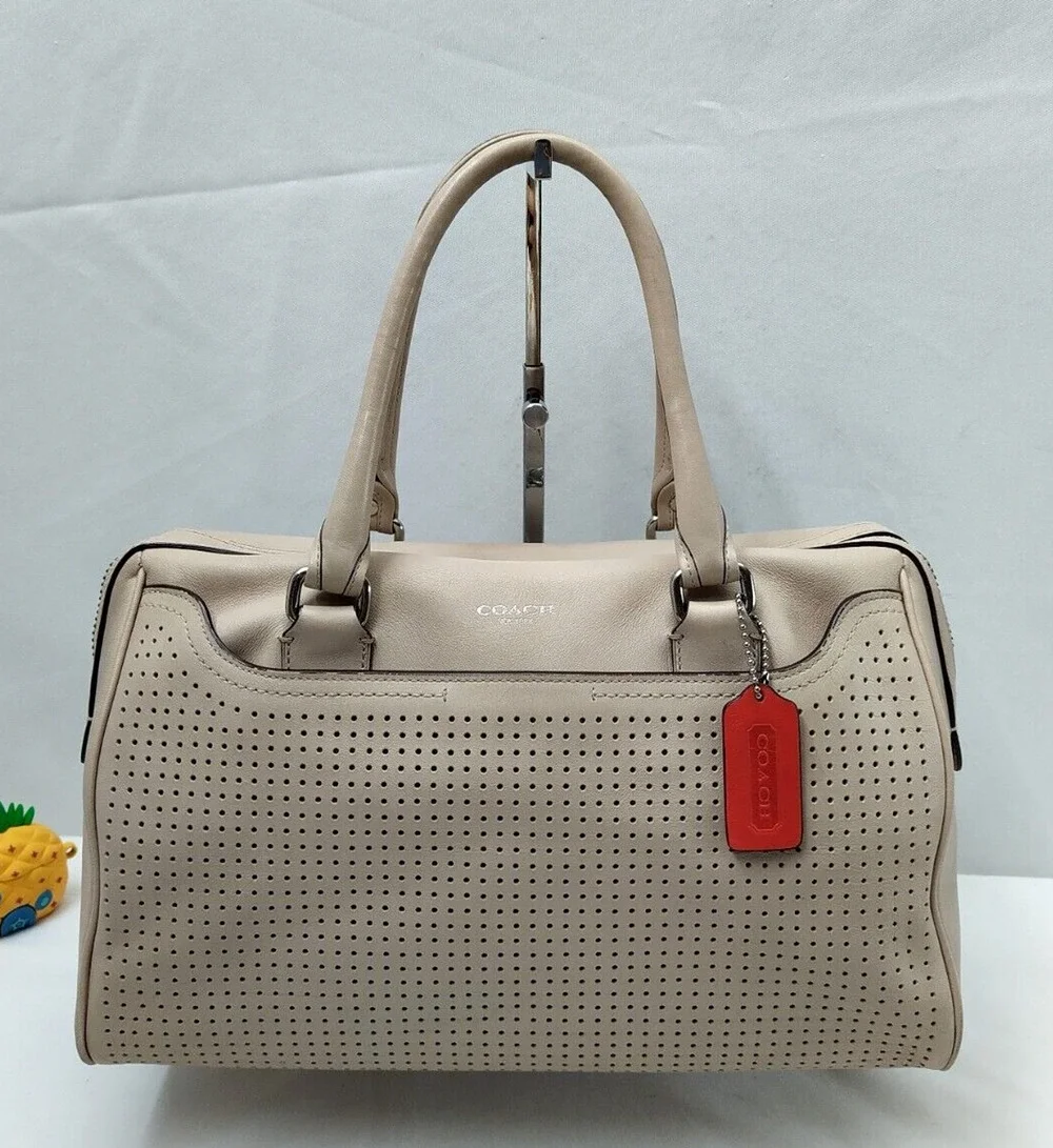 Coach Haley Light Nude Perforated Leather Top Handles Zipper Satchel Bag